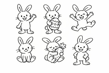 Fototapeta premium Cute Easter Bunny Outline Character Set Coloring Page Style Illustration
