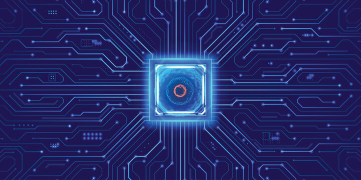 Neon Blue Microchip With Glowing Core On Circuit Board, Futuristic Technology Background For Quantum Computing, AI Processor And Data Networks