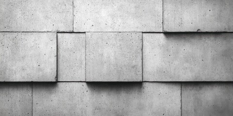 Fototapeta premium Grey concrete wall of overlapping rectangular blocks with soft shadows and an austere industrial mood