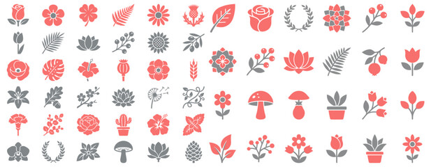 Naklejka premium Collection of various stylized coral and grey nature icons including flowers leaves plants berries mushrooms and pinecones Collection of various stylized coral and grey nature icons