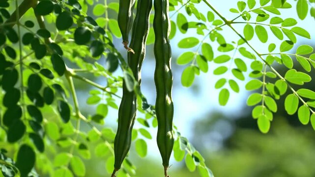 Fresh Green Drumsticks and Moringa Leaves Hanging on Tree, Organic Moringa Oleifera Pods in Sunlight for Healthy Food and Herbal Medicine