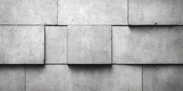 Grey concrete wall of overlapping rectangular blocks with soft shadows and an austere industrial mood