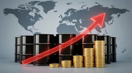 Fototapeta premium Rising Oil Prices with Barrels and Upward Graph – Global Energy Market and Economic Growth Concept.