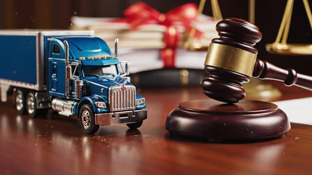 Wooden gavel rests on a desk beside a miniature semi truck trailer representing freight accident litigation, legal settlement, commercial vehicle liability, and personal injury.