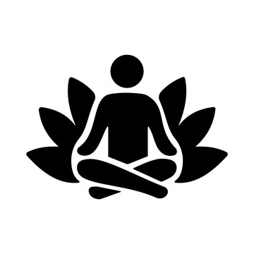 Yoga meditation icon person sitting in lotus pose with floral leaves background zen mindfulness wellness spiritual practice mental health balance relaxation exercise gym training silhouette vector
