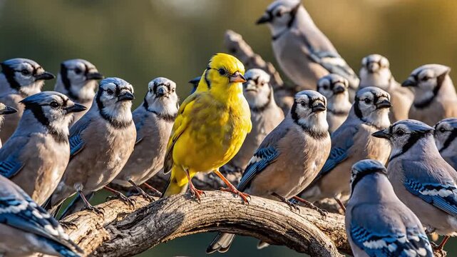 Vibrant yellow songbird standing prominently amidst identical blue avian creatures representing leadership individuality uniqueness and courage in a repetitive group setting