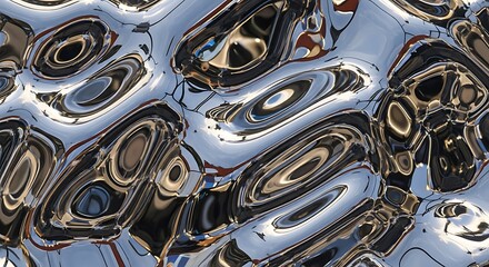 Abstract metallic liquid surface with distorted reflections and wavy patterns.