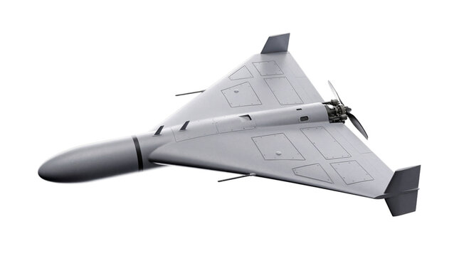 A Shahed 136 loitering munition, known as a kamikaze drone, isolated on a transparent background for versatile design.