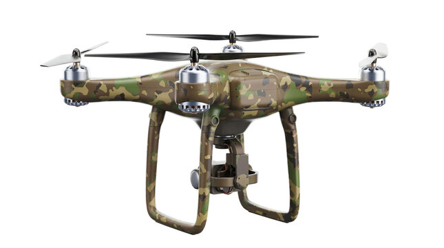 Advanced military surveillance drone with high-tech camera in camouflage pattern, 3D render.