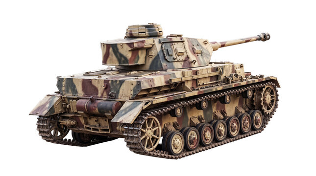 World War II German Panzer IV tank 3D render, detailed desert camouflage, isolated on a transparent background.