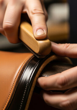 Close up of shoemaker hand using tool on leather boot edge