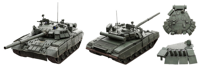 Various views of a powerful modern military tank ready for combat and strategic operations isolated on transparent. © Davis