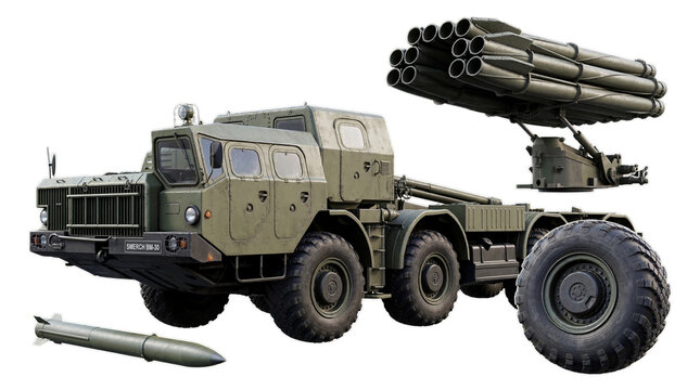 Powerful 3D render of Russian BM-30 Smerch multiple rocket launcher military truck, isolated on transparent.