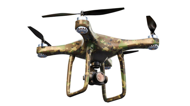 Advanced military surveillance drone with high-tech camera in camouflage pattern, 3D render.