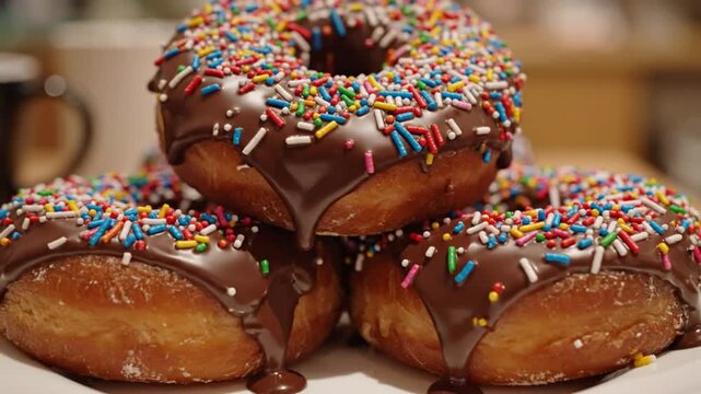 Delicious chocolate glazed donuts piled on a white plate with rainbow sprinkles for a sweet treat