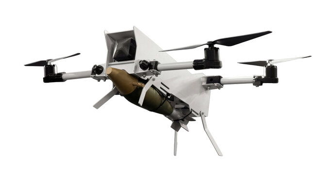 Advanced military quadcopter drone carrying an explosive munition, a precise weapon for modern warfare operations.