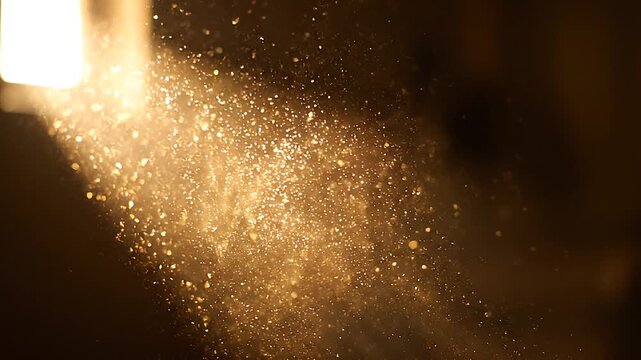Golden dust particles floating in dark background with warm light, abstract luxury background