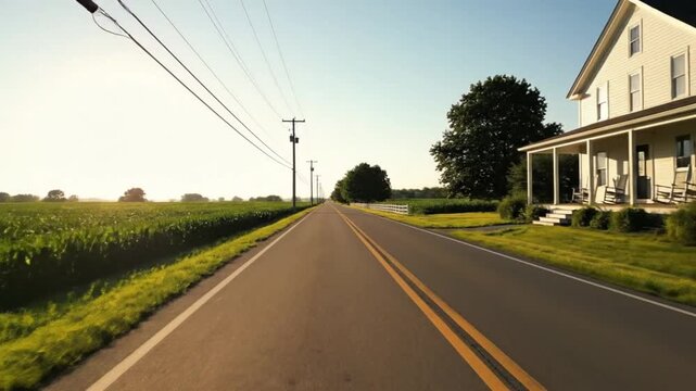 Driving down a country road past a white farmhouse with a porch under a clear sunny sky on a summer day