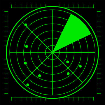 Green radar screen vector illustration showing a military scanning system detecting airplanes and targets in the air.