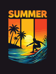 Surfer silhouette riding a large ocean wave at sunset with palm trees isolated on a black background.