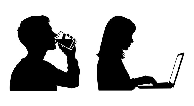 Busy individuals multitasking with drinks and work during a break Vector, illustration