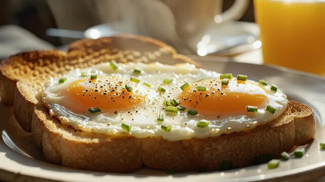 Two sunny-side-up eggs with chives and pepper on toast, next to orange juice