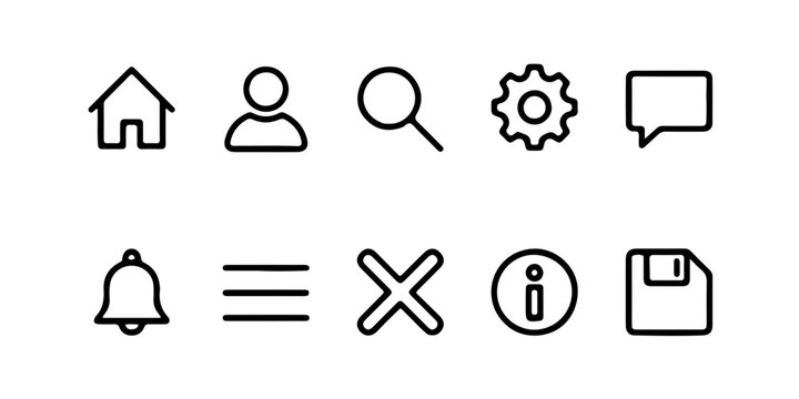 Minimalist black line UI UX web interface icon set for light mode, with home, search, user, settings, message, bell, menu, and save symbols