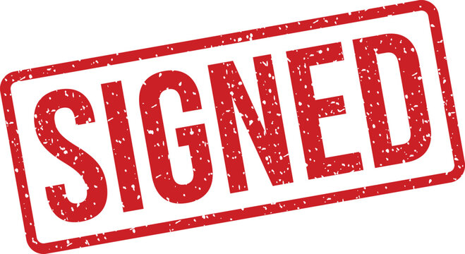 A distressed red rectangular stamp features the bold word SIGNED on a pristine white background