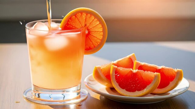 Refreshing orange citrus drink garnished with orange slice served on a wooden table 4K Ai HD high quality video.