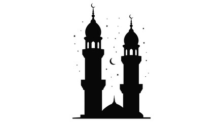 Two ornate mosque minarets and a crescent moon form a striking black silhouette high quality professional © MIRAJ02