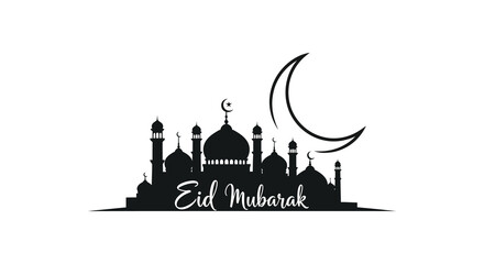 A striking eid mubarak greeting featuring a mosque and crescent moon silhouette high quality professional detailed © MIRAJ02