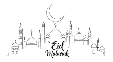 A delicate line art cityscape depicts a crescent moon and Eid Mubarak greeting silhouette high quality © MIRAJ02
