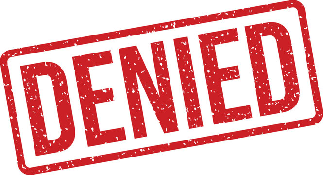A grunge textured red rectangular rubber stamp impression displays the prominent word DENIED