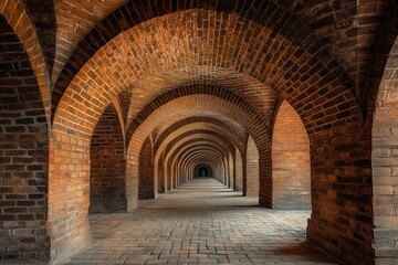 Fototapeta premium long brick vaulted corridor with repeating arches and paved floor, warm light and shadow leading to a distant doorway, evoking a quiet mysterious atmosphere