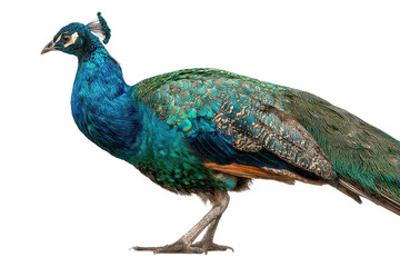 Obraz premium Peacock standing on a white background showing its colorful feathers and unique features during the day