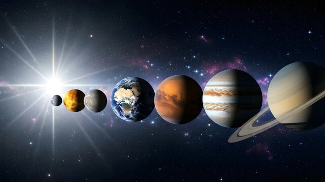 Solar system planets aligned with sun in space universe animation 4K Ai HD high quality video.
