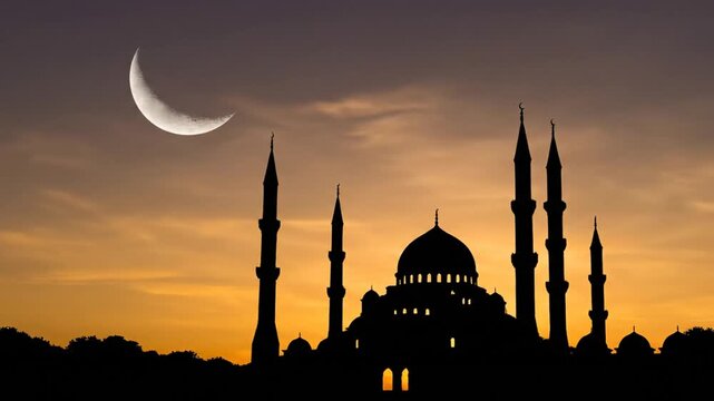Mosque Silhouette at Sunset with Crescent Moon - A Peaceful Ramadan Scene.