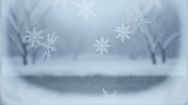 Blurred winter forest scene through frosty glass, large snowflakes prominently featured