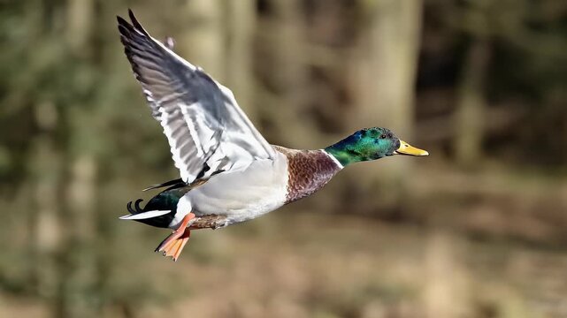 A male mallard duck takes flight with wings spread wide