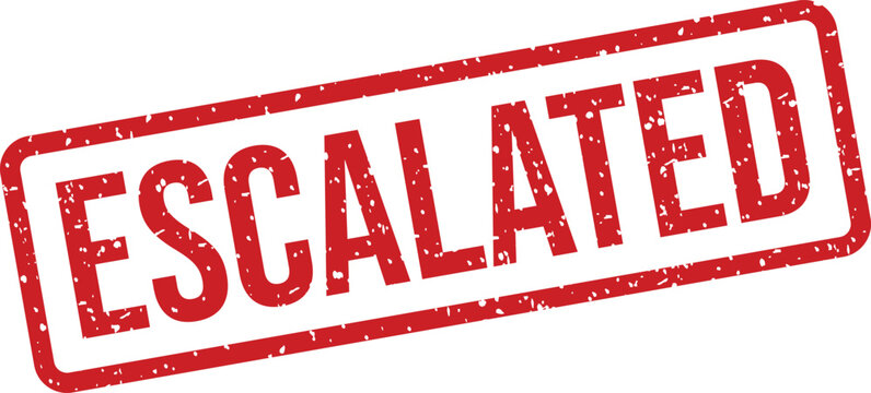 A textured red rectangular rubber stamp featuring the word escalated on a clean white background