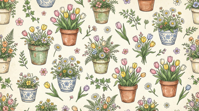 Vintage flower pots with tulips and other colorful flowers on a cream background decorative floral pattern for spring and easter designs