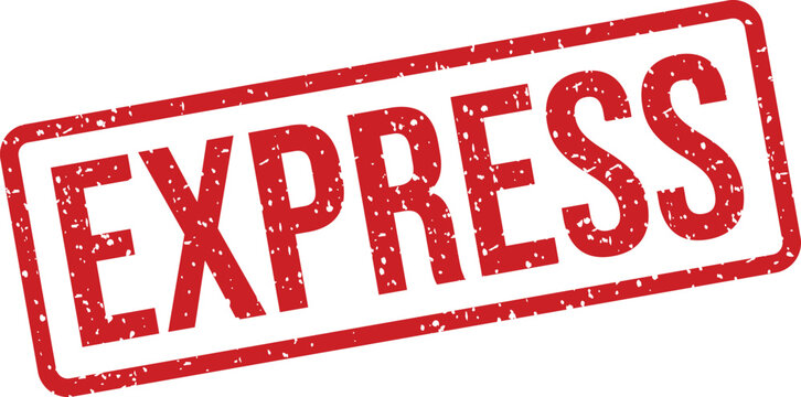 A vibrant red grunge rubber stamp displaying the word express inside a clear rectangular outline