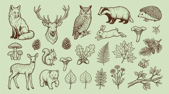 A detailed illustration of various woodland creatures, plants, and natural elements, presented in a vintage, hand-drawn style.