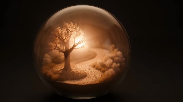 A radiant leafless tree stands over a winding path inside a glowing glass sphere