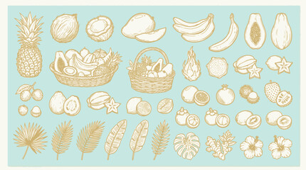 A delightful collection of tropical fruits and palm leaves, rendered in a charming vintage sketch style on a light blue background. © KN collection