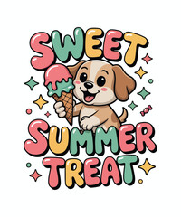 Obraz premium Vector illustration of a cute dog with ice cream cone, colorful text