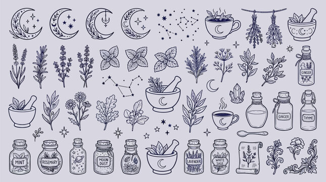 A collection of hand-drawn illustrations featuring mystical celestial bodies, herbal remedies, and alchemical elements, perfect for witchcraft and pagan themes.