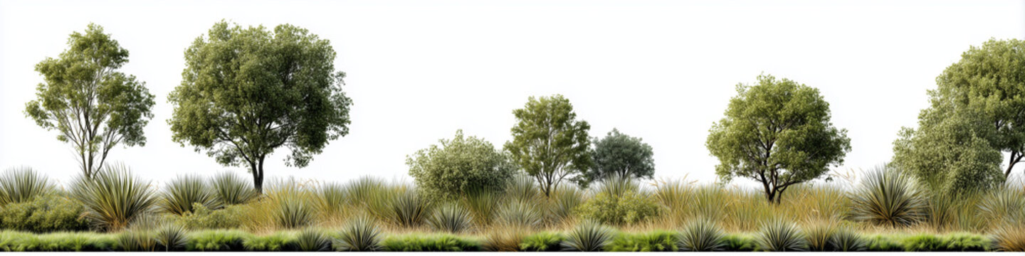 isolated wetland grass and trees on a white background, 3d rendering illustration, cut out, png file with transparent layers for design elements.
