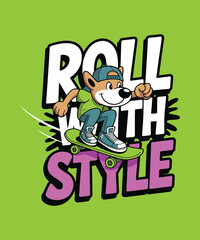 Obraz premium Vector illustration of cartoon fox on skateboard with text
