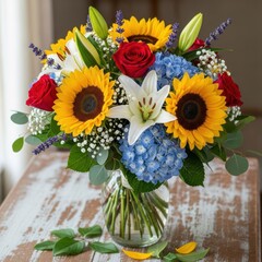 Fototapeta premium Vibrant Floral Arrangement with Sunflowers, Roses, and Hydrangeas.